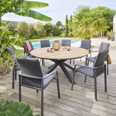 Table de jardin ronde Oriengo acacia  & graphite 8 places en aluminium traité époxy - Hespéride