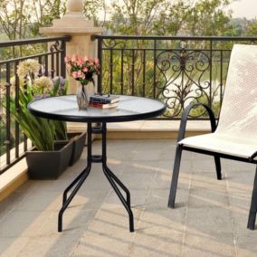 Table de Jardin Ronde Plateau en Verre Trou de Parasol Structure Métallique Motif de Vagues dEau