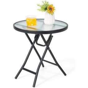 Table de Jardin Ronde Pliable en Verre Charge 50KG Cadre en Fer Verre de Eau Ondulé pour Patio Terrasse