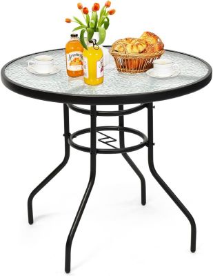 Table de Jardin Ronde, Table de Bistro avec Plateau en Verre Trempé et Trou de Parasol