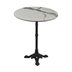 Table de jardin Trady Bistro Proloisirs fonte et HPL coloris graphite et marbre blanc ⌀60 x H.72,5 cm