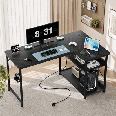 Table de Jeu avec Prise - 120 x 80 cm - Bureau d'angle avec Port de Charge USB et étagère - Bureau d'ordinateur Noir