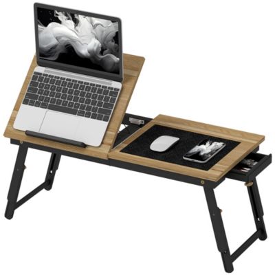 Table de lit pliable réglable pour ordinateur - plateau inclinable, tiroir - bois bambou MDF noir naturel