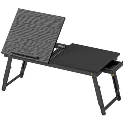 Table de lit pliable réglable pour ordinateur - plateau inclinable, tiroir - bois bambou MDF noir