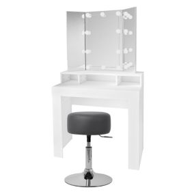 Table de maquillage blanc coiffeuse avec 3 miroirs et LEDs + tabouret gris foncé