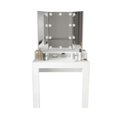 Table de maquillage blanc coiffeuse avec 3 miroirs et LEDs + tabouret gris foncé