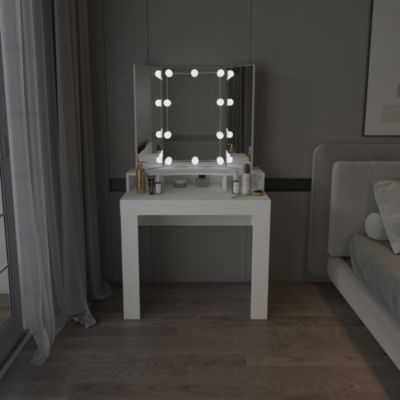 Table de maquillage blanc coiffeuse avec 3 miroirs et LEDs + tabouret gris foncé