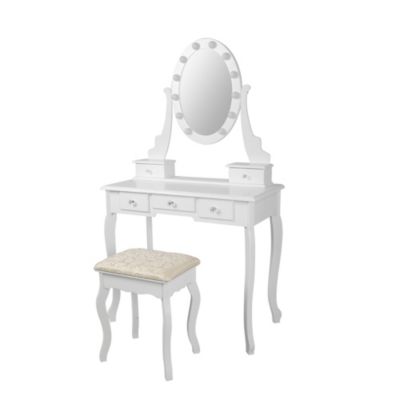 Table de maquillage coiffeuse blanc avec éclairage LED miroir et tabouret en MDF
