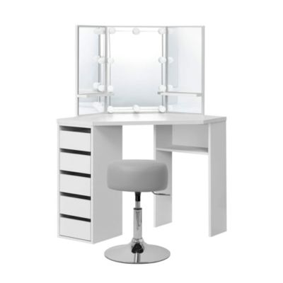 Table de maquillage d'angle coiffeuse avec miroir et LED + tabouret gris clair