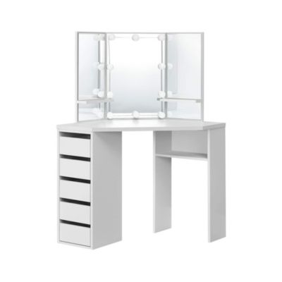 Table de maquillage d'angle coiffeuse avec miroir et LED + tabouret gris clair