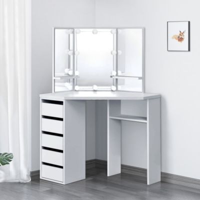 Table de maquillage d'angle coiffeuse avec miroir et LED + tabouret gris clair