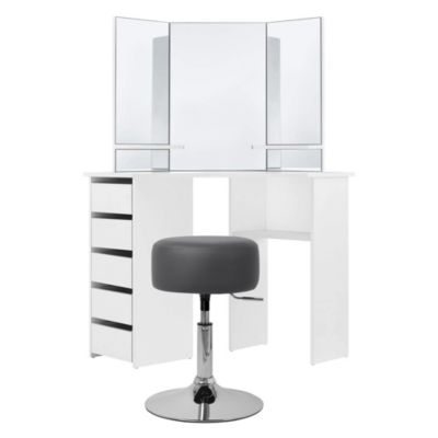 Table de maquillage d'angle coiffeuse moderne avec miroir + tabouret gris foncé