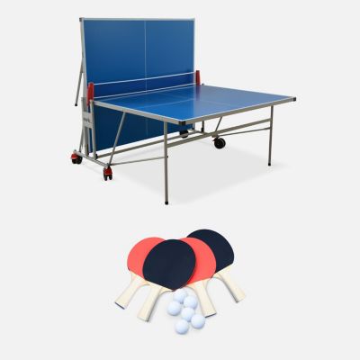 Table de ping pong OUTDOOR bleue - table pliable avec 4 raquettes et 6 balles. pour utilisation extérieure. sport tennis de table