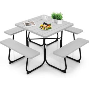 Table de Pique Nique avec 4 Bancs Intégrés pour 4 à 8 Personnes Table de Jadin en HDPE avec Trou pour Parasol Capacité de 225KG