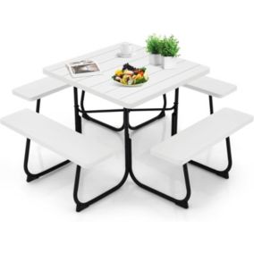 Table de Pique Nique avec 4 Bancs Intégrés pour 4 à 8 Personnes Table de Jadin en HDPE avec Trou pour Parasol Capacité de 225KG