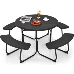 Table de Pique Nique avec 4 Bancs Intégrés Trou de Parasol Cadre en Acier Plateau HDPE pour 8 Personnes