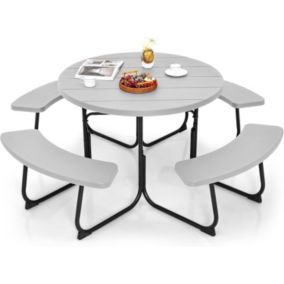 Table de Pique Nique avec 4 Bancs Intégrés Trou de Parasol Cadre en Acier Plateau HDPE pour 8 Personnes