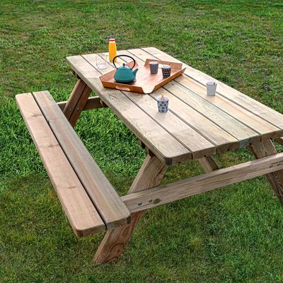 Table de pique-nique en bois avec bancs intégrés 6 personnes - 1,77 m