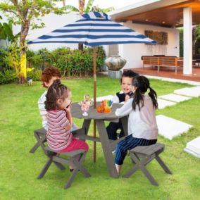 Table de Pique Nique Enfant avec 4 Tabourets et Parasol Amovible 1 Table et 4 Chaises Salon de Jardin en Bois Gris