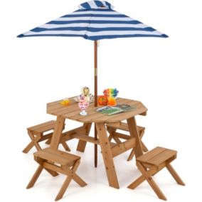 Table de Pique Nique Enfant avec 4 Tabourets et Parasol Amovible 1 Table et 4 Chaises Salon de Jardin en Bois Naturel