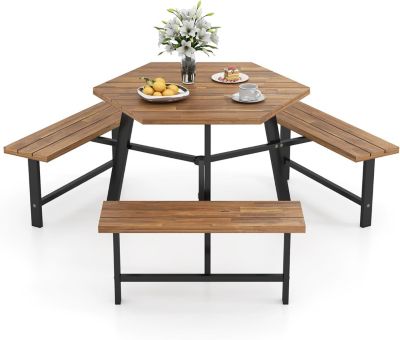 Table de Pique-Nique Jardin Exterieure en Bois d'Acacia pour 6 Personnes avec 3 Bancs Intégrés,avec Trou Parasol