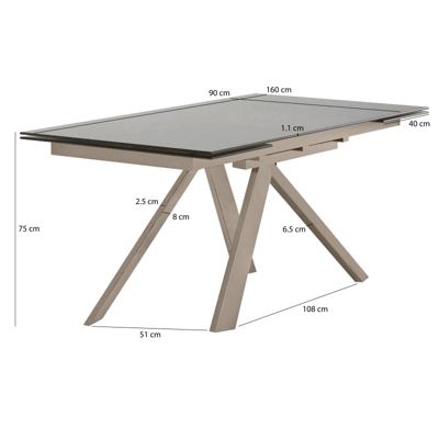 Table de repas extensible 160 à 240 cm taupe en verre - CASSANDRA