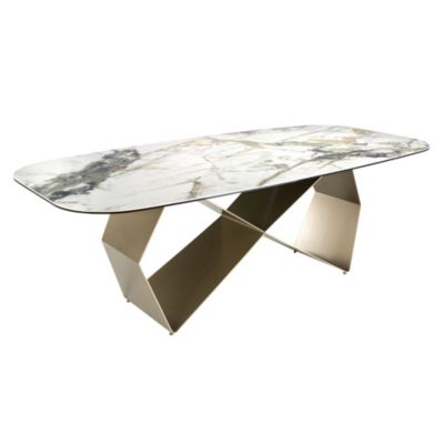 Table de salle a manger rectangulaire en marbre porcelaine et acier couleur champagne 1140 - D240x120x76 cm