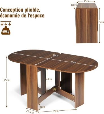 Table de Salle à Manger Pliable en Bois Charge 60KG 2 Modes de Pliage Style élégant