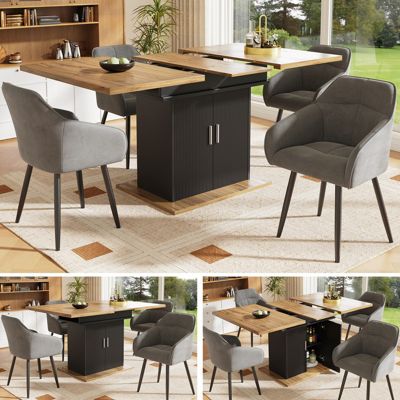 Table de salle à manger télescopique (140 x 70 cm), table extensible avec étagère de rangement, trois étagères, naturel et noir