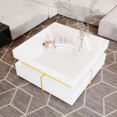 Table de salon à éclaté brillant avec tiroirs et accents dorés - 70x70x35.5 cm