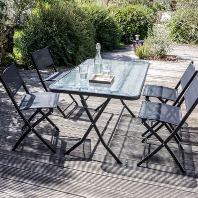 Table de terrasse et 4 chaises pliantes en acier et verre noir  Oviala