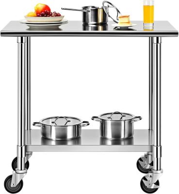 Table de Travail INOX Cuisine avec 2 Etageres Hauteur de Couche Inferieure Reglable 4 Roues en PU