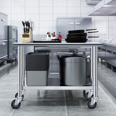 Table de Travail INOX Cuisine avec 2 Etageres Hauteur de Couche Inferieure Reglable 4 Roues en PU