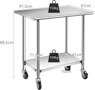 Table de Travail INOX Cuisine avec 2 Etageres Hauteur de Couche Inferieure Reglable 4 Roues en PU