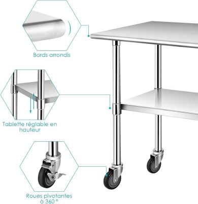 Table de Travail INOX Cuisine avec 2 Etageres Hauteur de Couche Inferieure Reglable 4 Roues en PU