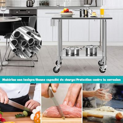 Table de Travail INOX Cuisine avec 2 Etageres Hauteur de Couche Inferieure Reglable 4 Roues en PU