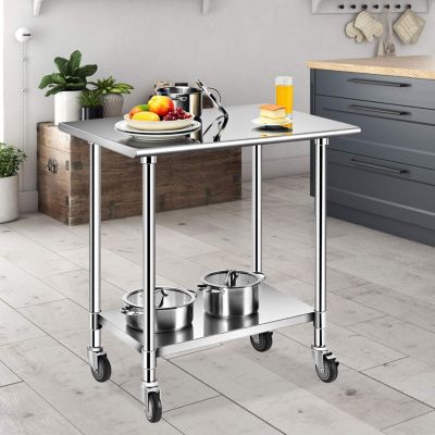 Table de Travail INOX Cuisine avec 2 Etageres Hauteur de Couche Inferieure Reglable 4 Roues en PU