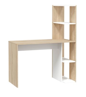 Table du bureau, meuble du bureau réversible avec étagère en bois coloris Blanc artik, chêne canadien