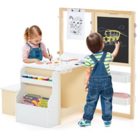 Table Enfant 3 avec Chaise et Tableau Blanc Noir Réglable Rangement Rouleaux de Papier Interchangeables Blanc Naturel