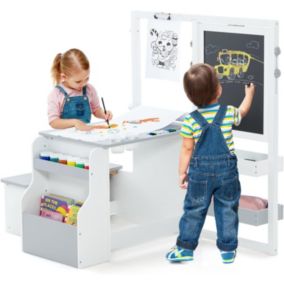 Table Enfant 3 avec Chaise et Tableau Blanc Noir Réglable Rangement Rouleaux de Papier Interchangeables Gris Blanc