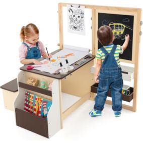 Table Enfant avec Chaise et Tableau Blanc Noir Réglable Rangement Rouleaux de Papier Interchangeables Café