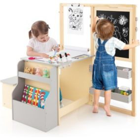 Table Enfant avec Chaise et Tableau Blanc Noir Réglable Rangement Rouleaux de Papier Interchangeables Gris