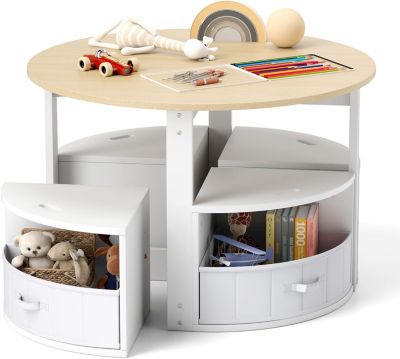 Table Enfant avec Rangement,4 Tabourets Empilables,4 Tiroirs en Tissu et Patins Antidérapants,Ronde en Bois pour 3+ Ans(Naturel)