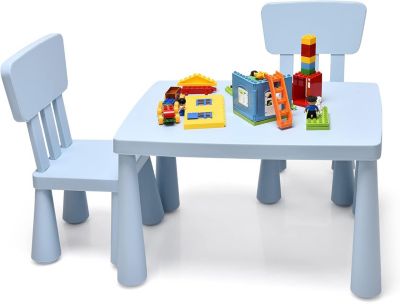 Table et 2 Chaises en Plastique Enfants Charge 50KG Activites Etude Utilisation Interieure ou Exterieure Bleu