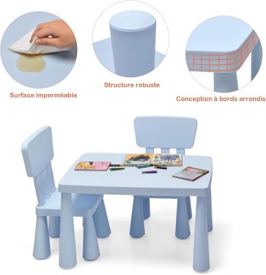 Table et 2 Chaises en Plastique Enfants Charge 50KG Activites Etude Utilisation Interieure ou Exterieure Bleu