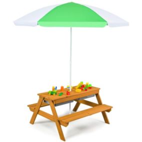 Table et Banc 3 en 1 pour Enfants avec Parasol Table Convertible avec Plateau Amovible et 2 Boîtes de Rangement Vert Blanc