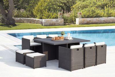 Table et chaise 10 places encastrables alu résine gris-blanc SUNSET