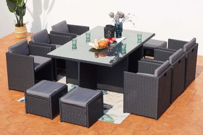Table et chaises 10 places encastrables en résine noir-gris MIAMI