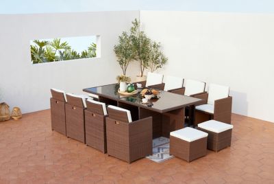 Table et chaises 12 places encastrables résine marron-blanc MONACO