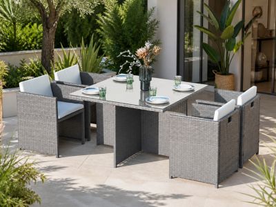 Table et chaises 4 places encastrables en résine gris-blanc MIAMI